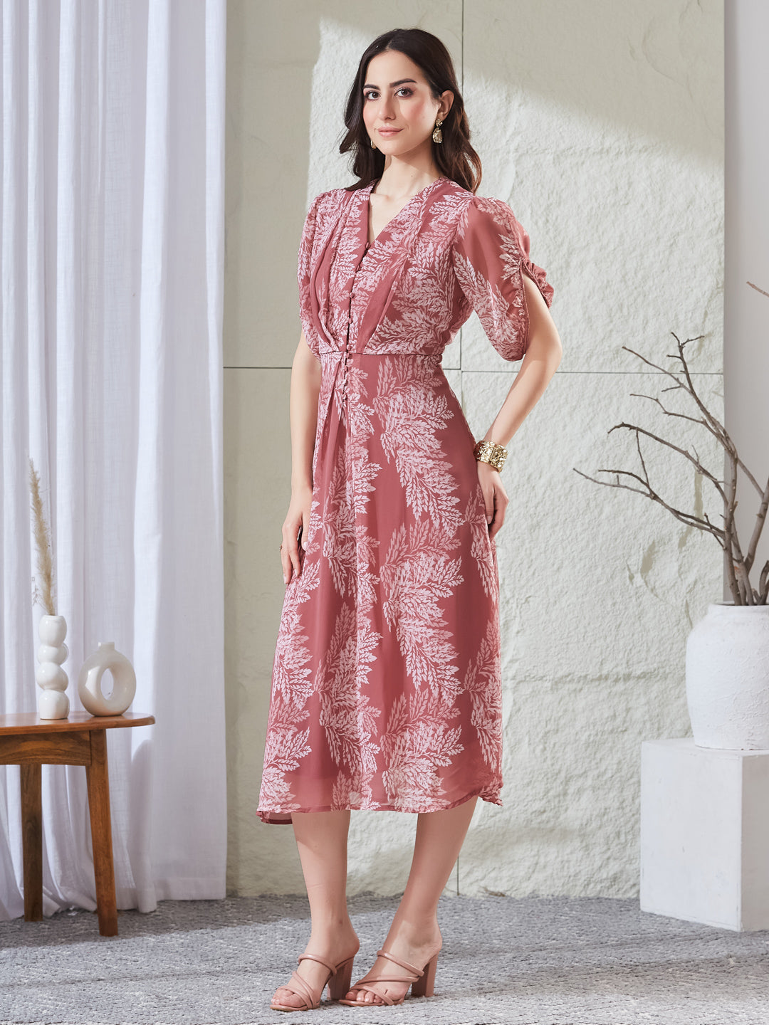 Latin Quarters Women's Pink Printed Half Sleeves V-Neck Casual A-Line Dress