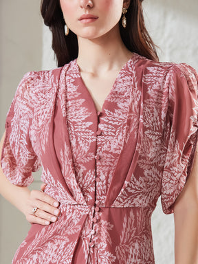 Latin Quarters Women's Pink Printed Half Sleeves V-Neck Casual A-Line Dress
