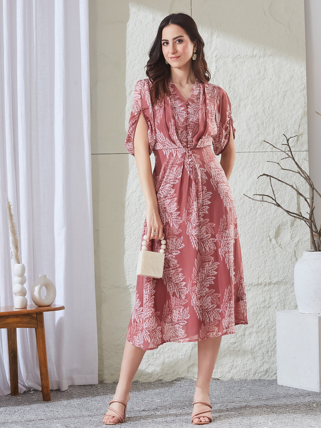 Latin Quarters Women's Pink Printed Half Sleeves V-Neck Casual A-Line Dress