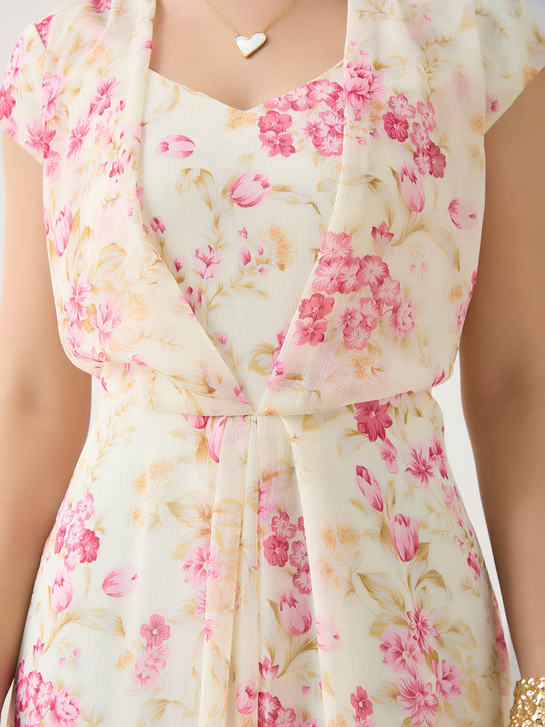 Latin Quarters Women Pink Printed Maxi Cap Sleeves V-Neck Casual Dress
