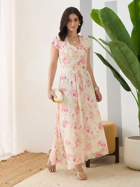 Latin Quarters Women Pink Printed Maxi Cap Sleeves V-Neck Casual Dress