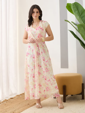 Latin Quarters Women Pink Printed Maxi Cap Sleeves V-Neck Casual Dress