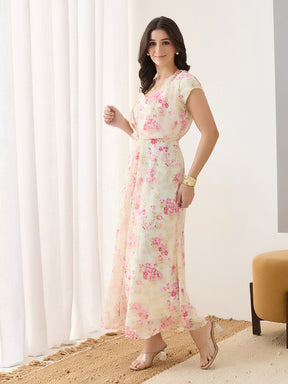 Latin Quarters Women Pink Printed Maxi Cap Sleeves V-Neck Casual Dress