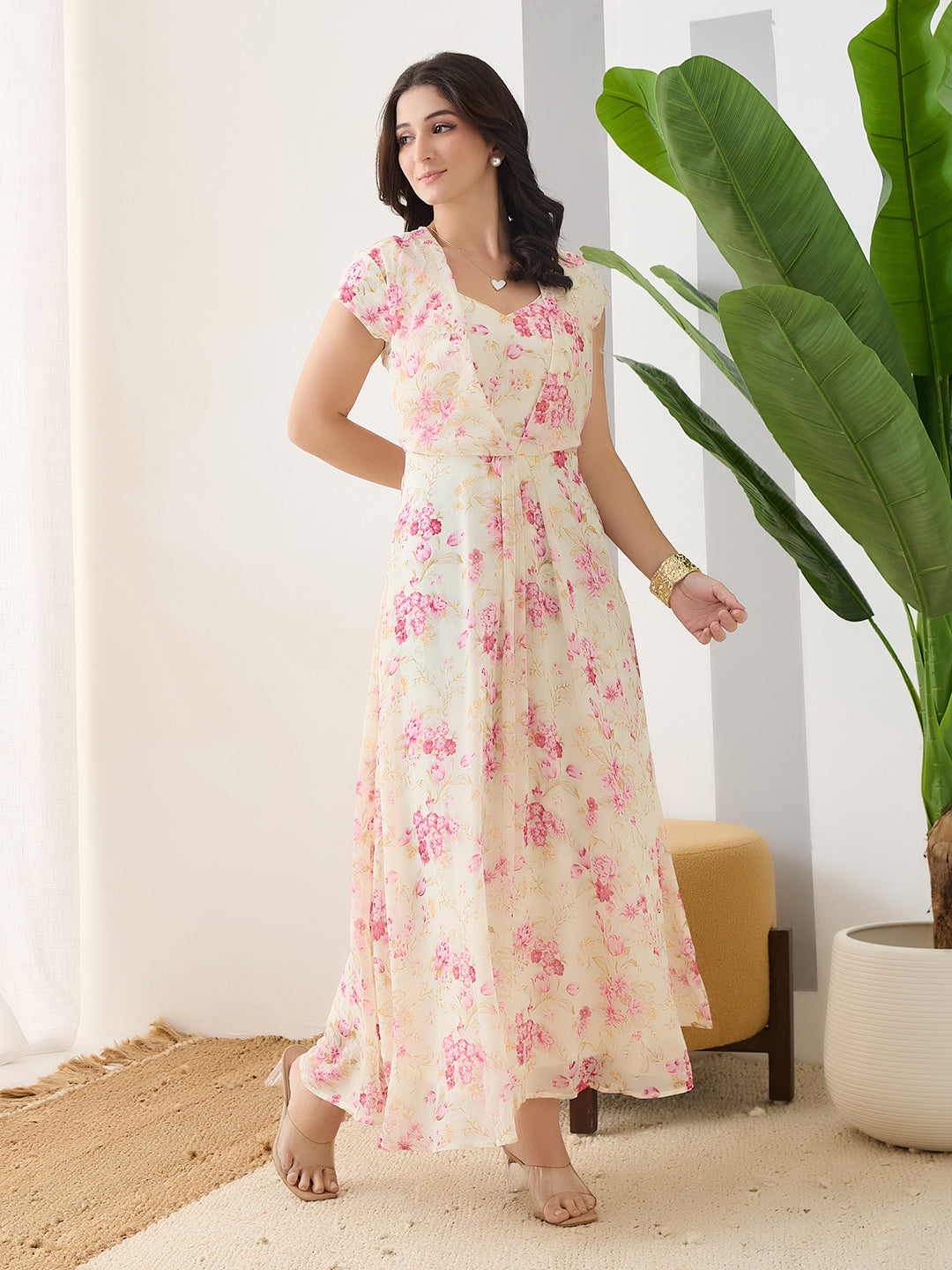 Latin Quarters Women Pink Printed Maxi Cap Sleeves V-Neck Casual Dress