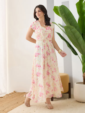Latin Quarters Women Pink Printed Maxi Cap Sleeves V-Neck Casual Dress