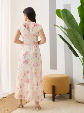 Latin Quarters Women Pink Printed Maxi Cap Sleeves V-Neck Casual Dress