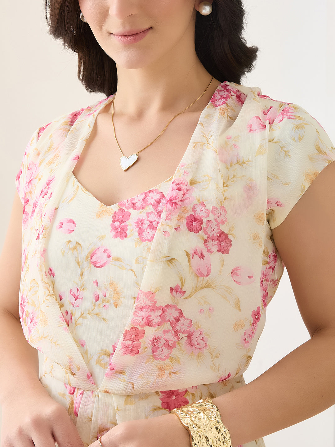 Latin Quarters Women Pink Printed Maxi Cap Sleeves V-Neck Casual Dress
