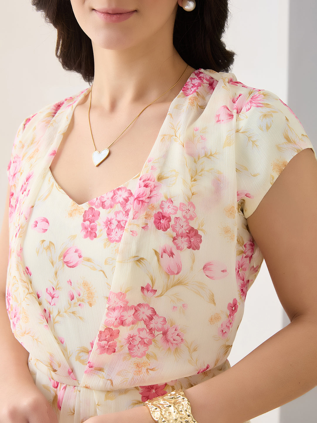 Latin Quarters Women Pink Printed Maxi Cap Sleeves V-Neck Casual Dress