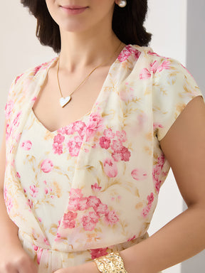 Latin Quarters Women Pink Printed Maxi Cap Sleeves V-Neck Casual Dress