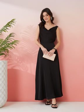Latin Quarters Women's Black Solid Cowl Neck Sleeveless Party A-Line Dress