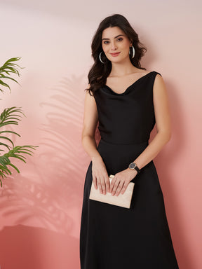 Latin Quarters Women's Black Solid Cowl Neck Sleeveless Party A-Line Dress
