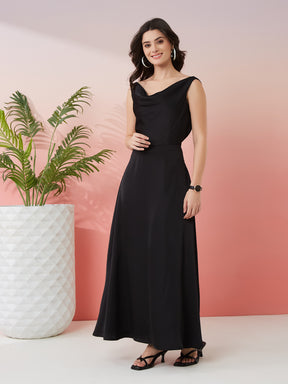 Latin Quarters Women's Black Solid Cowl Neck Sleeveless Party A-Line Dress