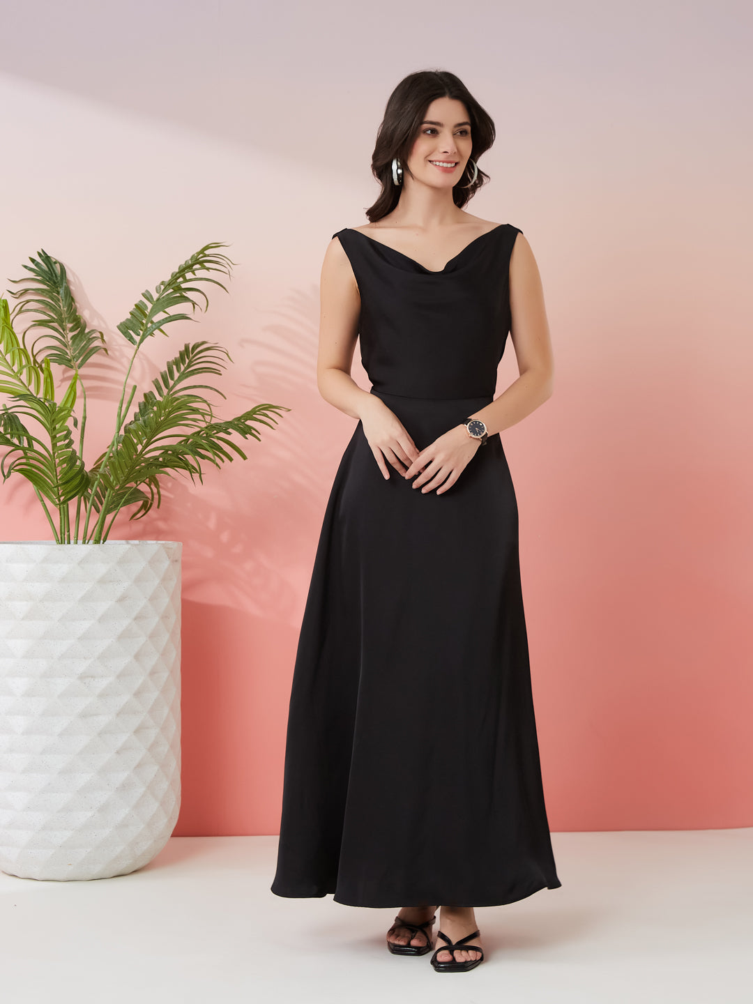 Latin Quarters Women's Black Solid Cowl Neck Sleeveless Party A-Line Dress