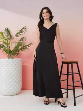 Latin Quarters Women's Black Solid Cowl Neck Sleeveless Party A-Line Dress