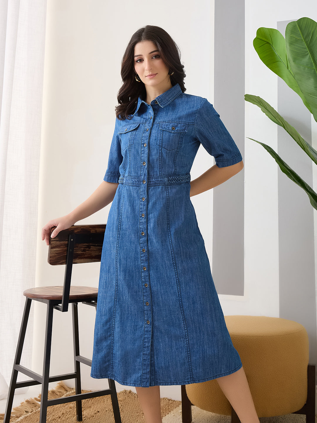 Latin Quarters Women's Blue Solid Collar Neck Half Sleeves Casual Shirt Dress