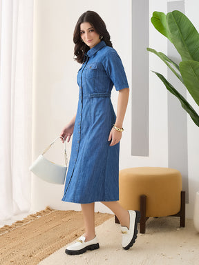 Latin Quarters Women's Blue Solid Collar Neck Half Sleeves Casual Shirt Dress