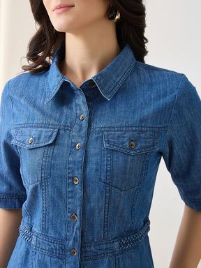 Latin Quarters Women's Blue Solid Collar Neck Half Sleeves Casual Shirt Dress