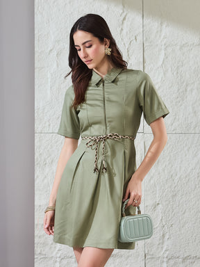 Latin Quarters Women's Green Solid Half Sleeves Collared Casual A-Line Dress