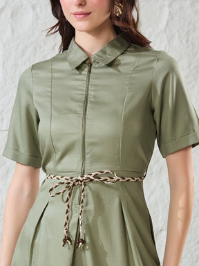 Latin Quarters Women's Green Solid Half Sleeves Collared Casual A-Line Dress