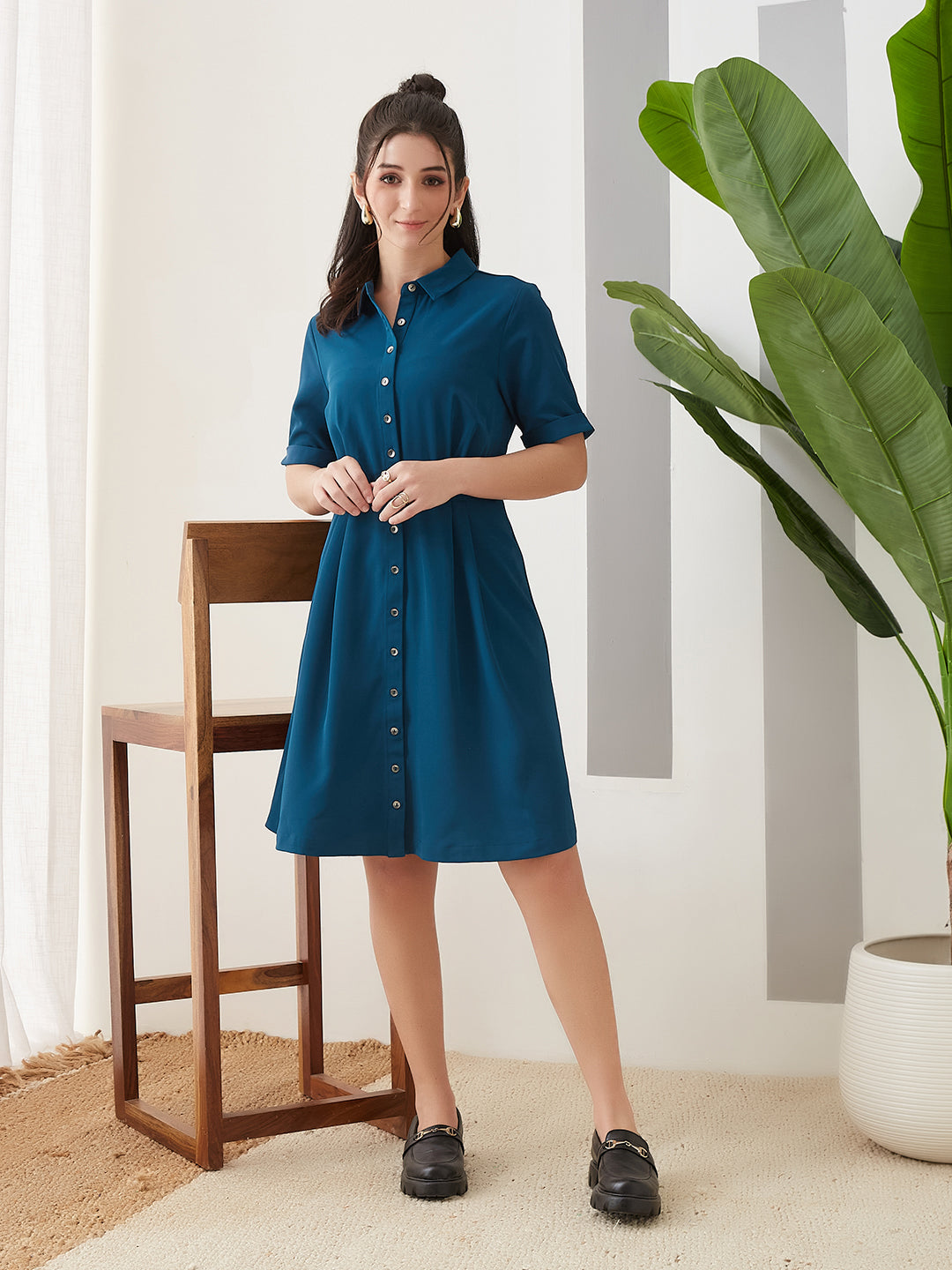 Latin Quarters Women Teal Solid Half Sleeves Casual Dress