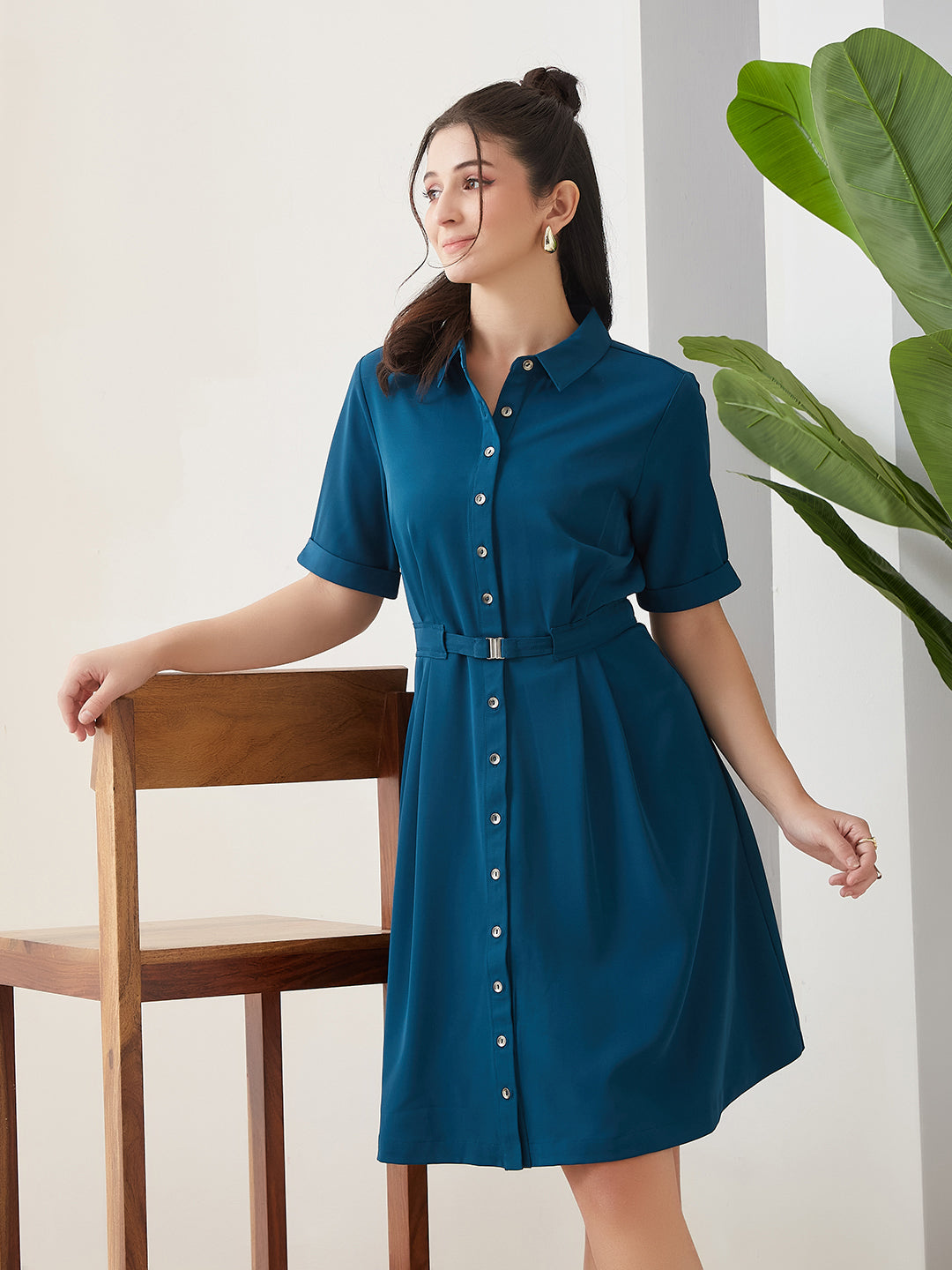 Latin Quarters Women Teal Solid Half Sleeves Casual Dress