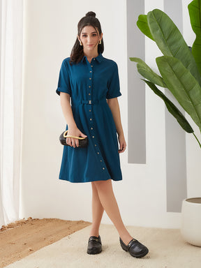 Latin Quarters Women Teal Solid Half Sleeves Casual Dress