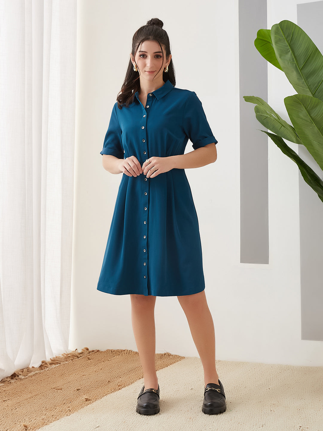 Latin Quarters Women Teal Solid Half Sleeves Casual Dress