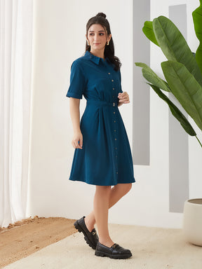 Latin Quarters Women Teal Solid Half Sleeves Casual Dress