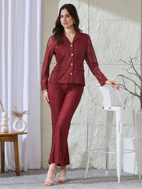Latin Quarters Women's Rust Lace Full Sleeves Collared Casual High Rise Co-Ord Set