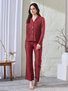 Latin Quarters Women's Rust Lace Full Sleeves Collared Casual High Rise Co-Ord Set
