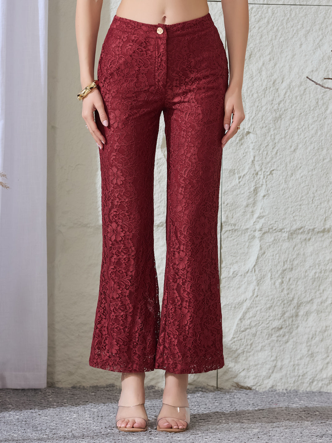 Latin Quarters Women's Rust Lace Full Sleeves Collared Casual High Rise Co-Ord Set