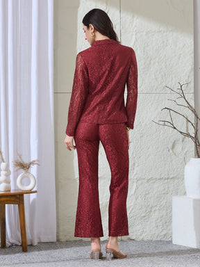 Latin Quarters Women's Rust Lace Full Sleeves Collared Casual High Rise Co-Ord Set