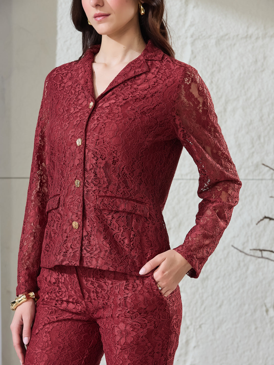 Latin Quarters Women's Rust Lace Full Sleeves Collared Casual High Rise Co-Ord Set