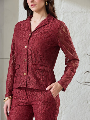 Latin Quarters Women's Rust Lace Full Sleeves Collared Casual High Rise Co-Ord Set