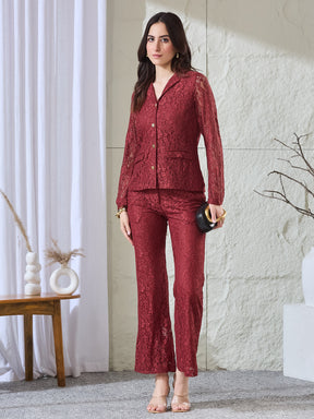 Latin Quarters Women's Rust Lace Full Sleeves Collared Casual High Rise Co-Ord Set