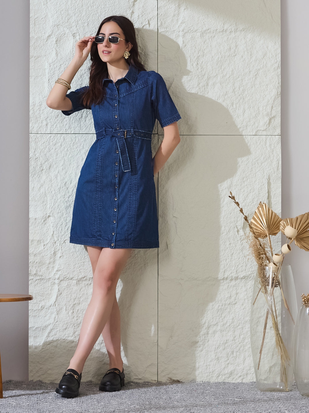 Latin Quarters Women's Blue Solid Half Sleeves Collared Casual Shirt Dress