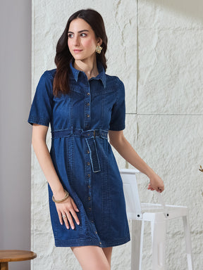 Latin Quarters Women's Blue Solid Half Sleeves Collared Casual Shirt Dress