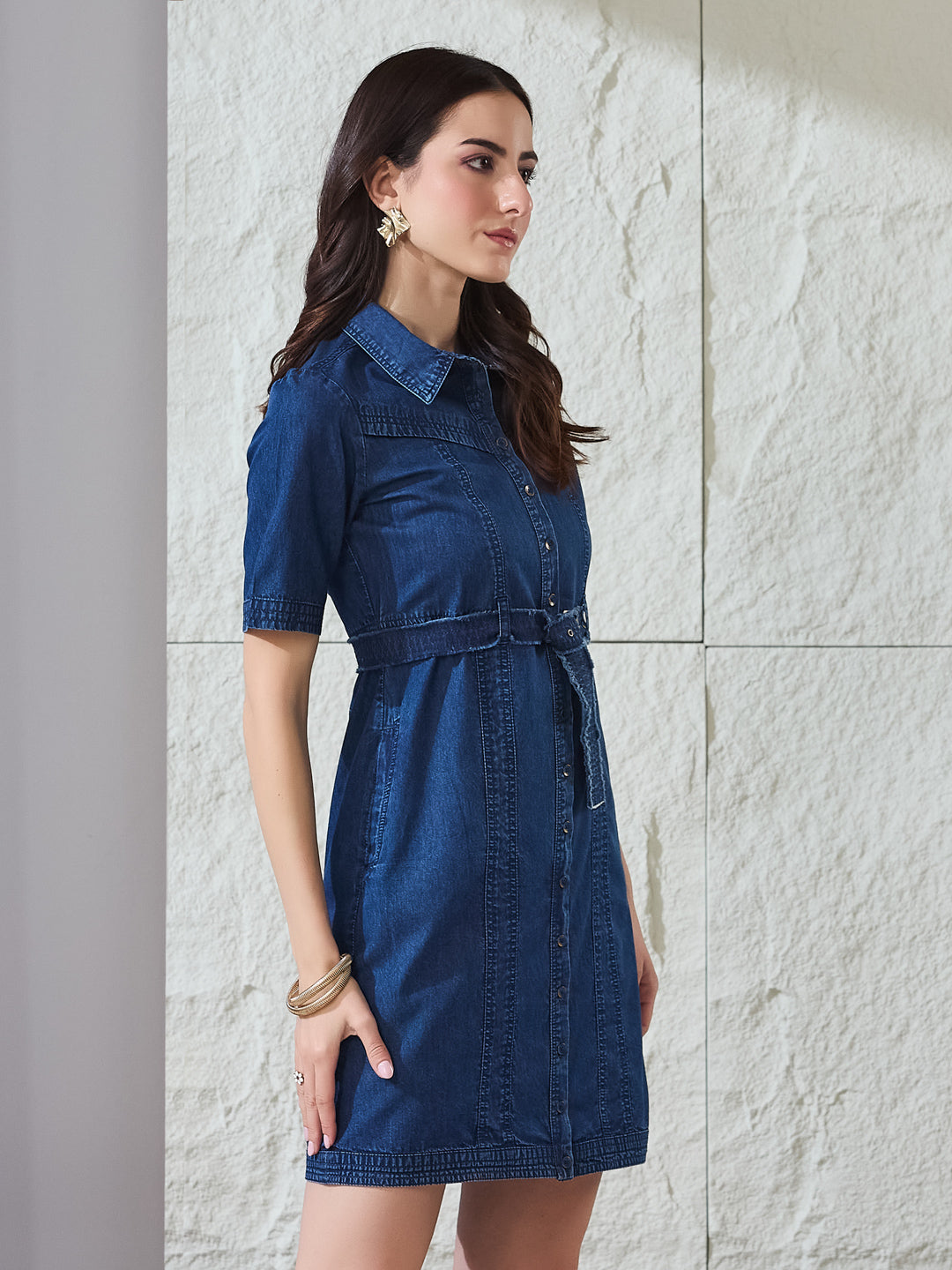 Latin Quarters Women's Blue Solid Half Sleeves Collared Casual Shirt Dress
