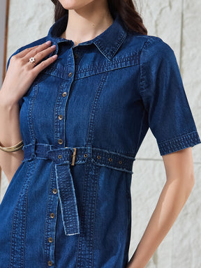 Latin Quarters Women's Blue Solid Half Sleeves Collared Casual Shirt Dress