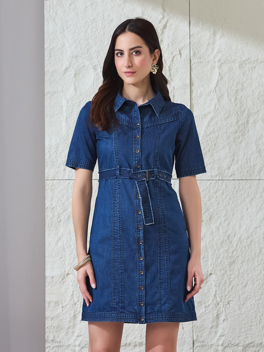 Latin Quarters Women's Blue Solid Half Sleeves Collared Casual Shirt Dress