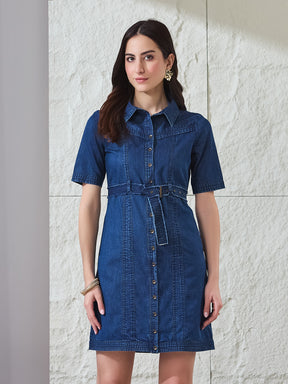 Latin Quarters Women's Blue Solid Half Sleeves Collared Casual Shirt Dress