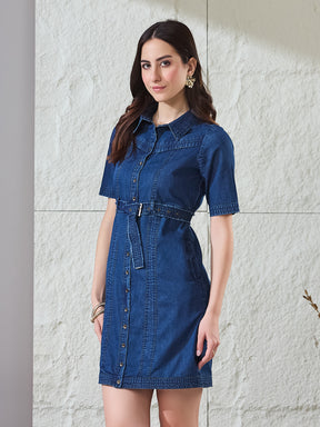 Latin Quarters Women's Blue Solid Half Sleeves Collared Casual Shirt Dress