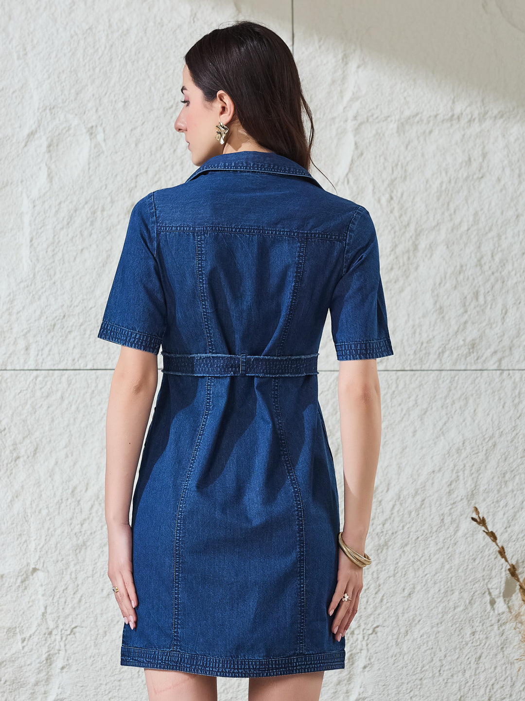 Latin Quarters Women's Blue Solid Half Sleeves Collared Casual Shirt Dress