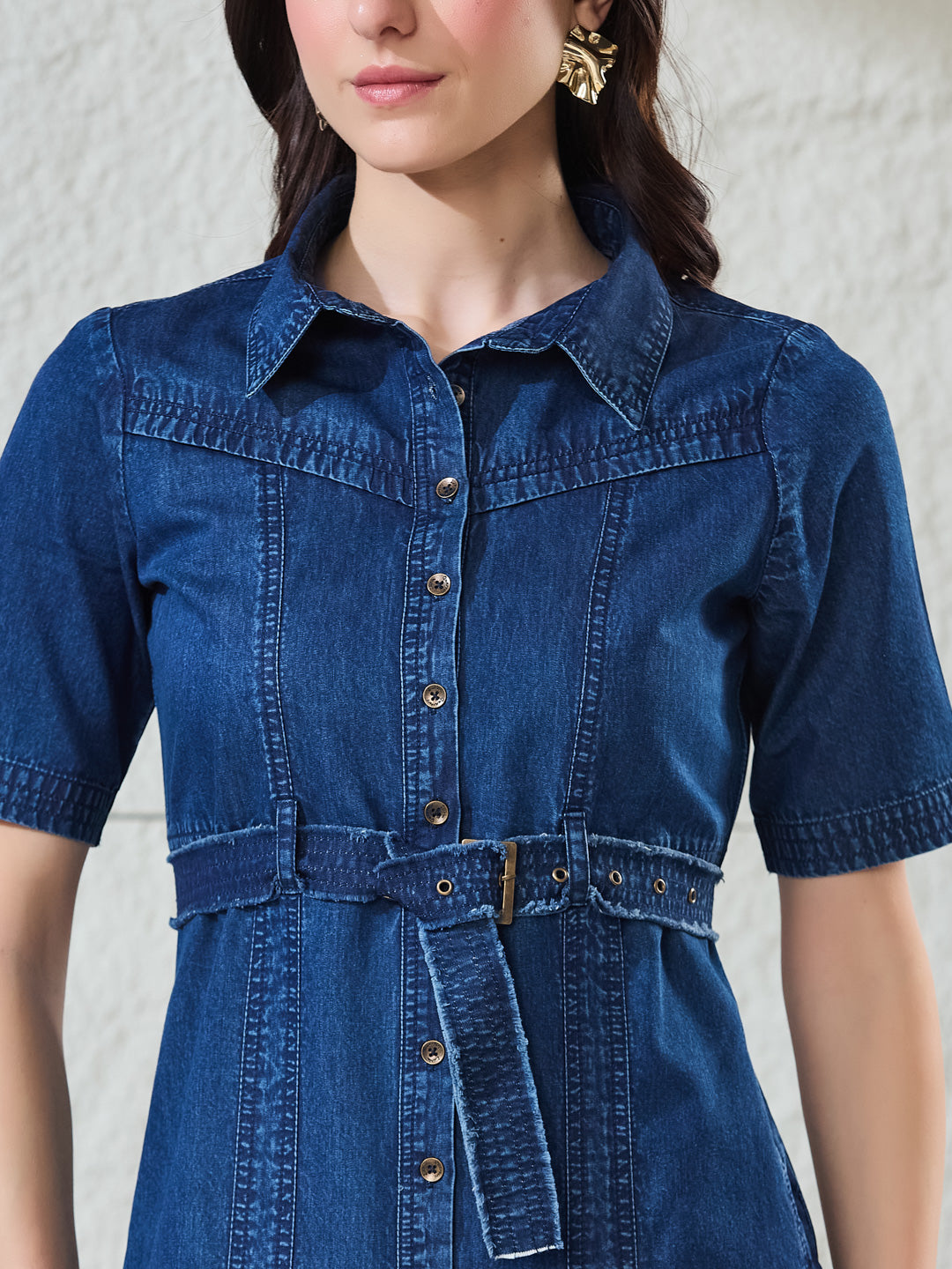 Latin Quarters Women's Blue Solid Half Sleeves Collared Casual Shirt Dress