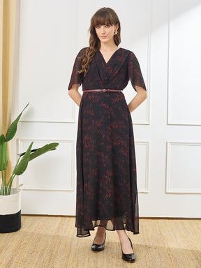 Latin Quarters Women's Black Printed V-Neck Half Sleeve Casual A-Line Dress