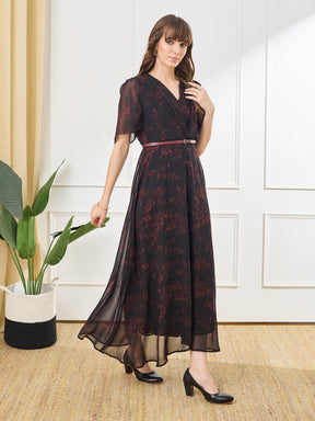 Latin Quarters Women's Black Printed V-Neck Half Sleeve Casual A-Line Dress