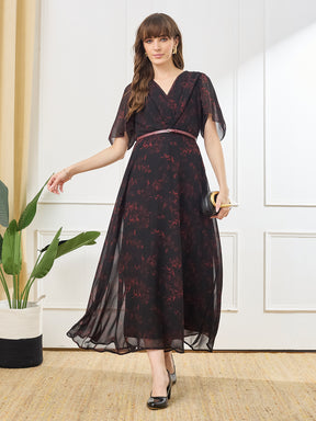 Latin Quarters Women's Black Printed V-Neck Half Sleeve Casual A-Line Dress