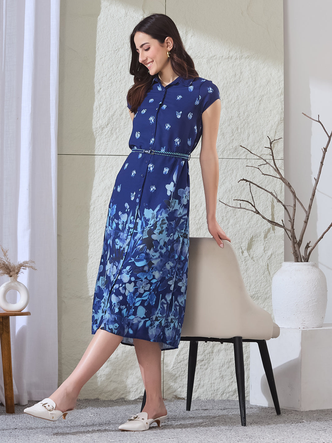 Latin Quarters Women's Blue Printed Cap Sleeves Collared Casual Shirt Dress