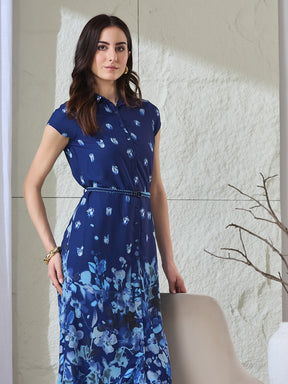 Latin Quarters Women's Blue Printed Cap Sleeves Collared Casual Shirt Dress
