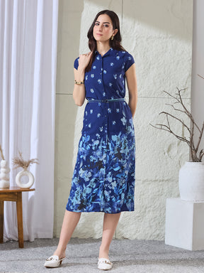 Latin Quarters Women's Blue Printed Cap Sleeves Collared Casual Shirt Dress